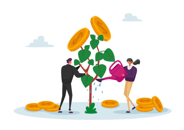 Business Man and Woman Characters Watering Money Tree, Growing Wealth Capital for Refund Care of Plant with Gold Coins on Branch. Roi, Return on Investment Concept. Cartoon People Vector Illustration
